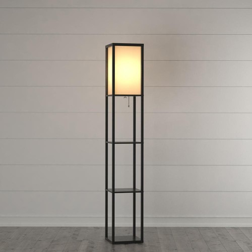 SIMPLE DESIGNS Etagere Black Floor Lamp Organizer Storage Shelf with Linen Shade