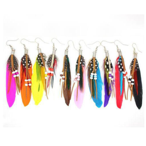 Tassel Dangling Earrings Feather Leather Beads Earrings Indian Feathers J/&C