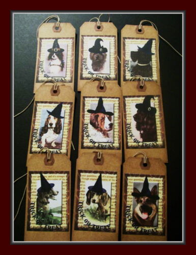 HALLOWEEN DOGS IN WITCH/'S HATS NINE DIFFERENT DOG TAGS PRIMITIVE HANG TAGS