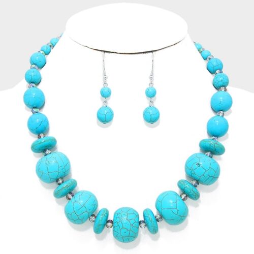 Turquoise Stone Bead Fceted Glass Bead Gradual Necklace Earring Set