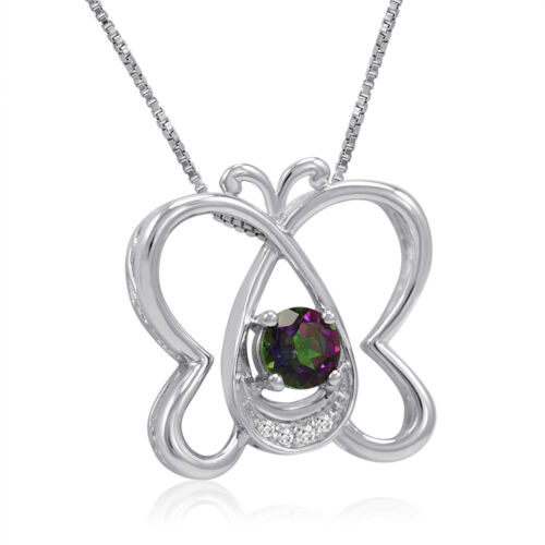 1/2Ct Mystic Topaz And Diamond Butterfly Pendant-Necklace In Sterling Silver 
