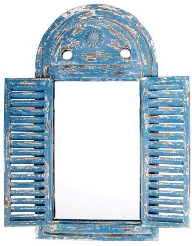 2ft 5in x 1ft 3in Louvre Rustic Wooden Garden Glass Mirror Blue 