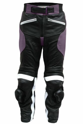 German Wear señora pantalones moto moto motorista racing cuero de vaca negro/púrpura 