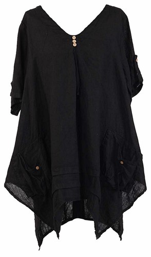 Womens Italian Lagenlook Quirky 3 Button V Neck Plain Linen Plus Size Tunic Top