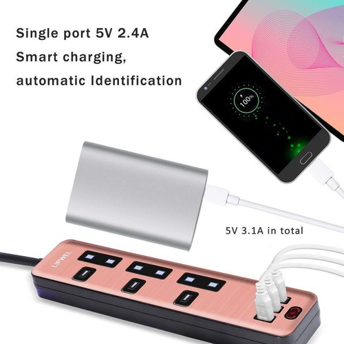 Lipwel 2 m Or Rose Extension Lead avec 3 ports USB Ignifuge
