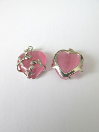 2pcs pink cats eye glass heart pendant jewellery making craft UK