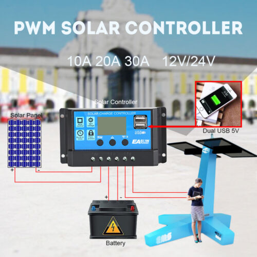 24V 12V Solar Charge Controller 30A 20A 10A PWM Solar Battery Charger LCD USB 