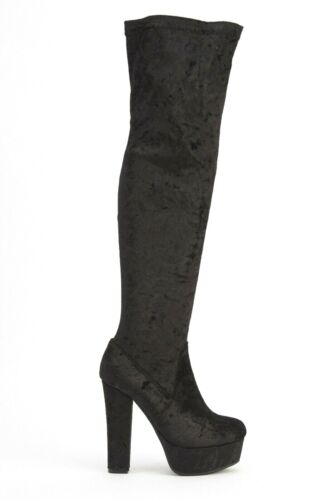 Womens Black Velveteen High Heel Over The Knee Boots Size UK 3 4 5 6 7 New