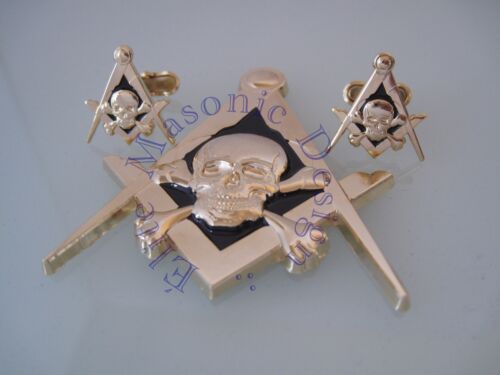 New3D Masonic Master Mason Skull Car Emblem /&  Cufflinks EMGD Gold