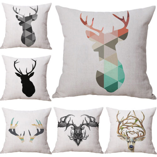 Nordic Simple Deer Head Cotton Linen Throw Pillow Case Cushion Cover Home Decor 