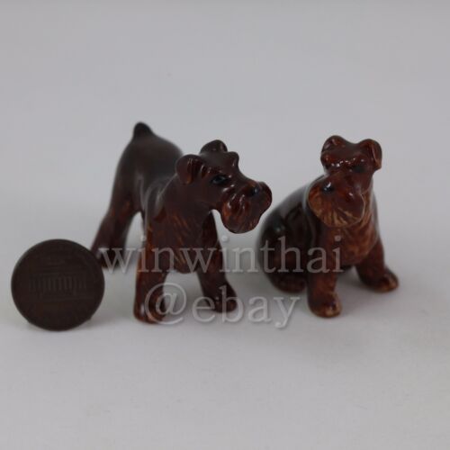 2 RED FOX Terrier Dog Puppy Set Ceramic Pottery Animal Miniature Figurine