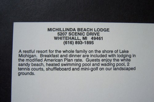 MICHILLINDA BEACH LODGE Scenic Dr. Whitehall Michigan vintage postcard deck