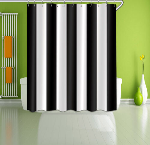 Black White Stripes Shower Curtain Bathroom Mat Set Waterproof Fabric 72/79" 360 