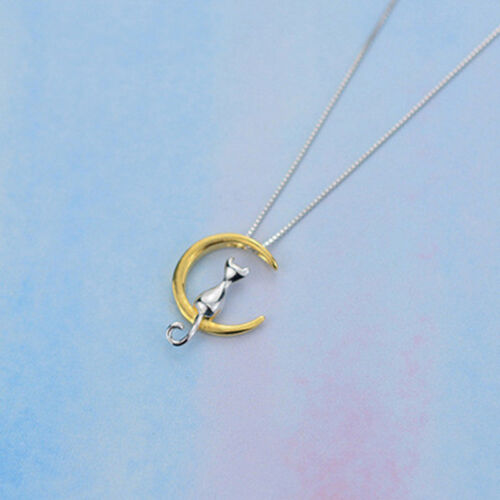 Girls Cat Moon Pendant Pet Kitten Charm Necklace Chain Women Jewelry Gift 8C