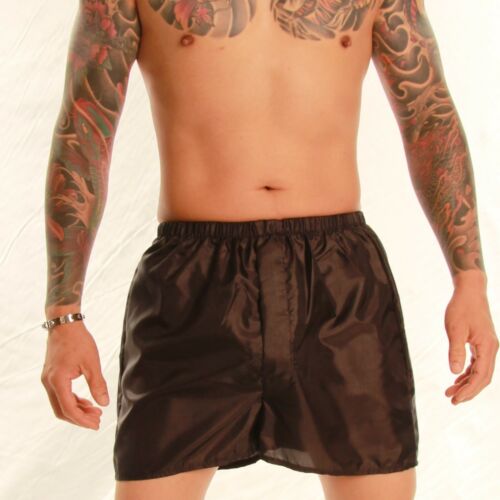 S to 4XL Black Silky Boxer Shorts with Fly Front 