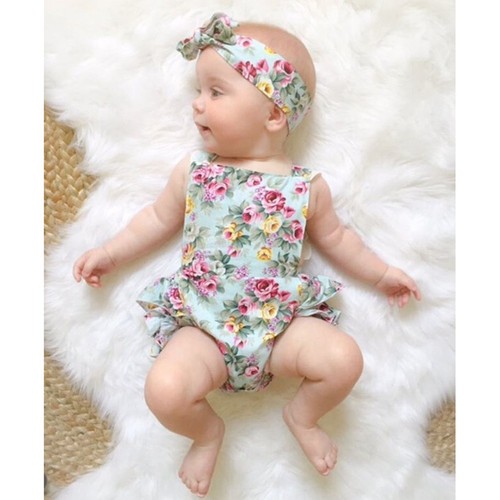 Newborn Baby Girl Floral Suit Lace Jumpsuit Romper Sunsuit+Headband Clothes AB