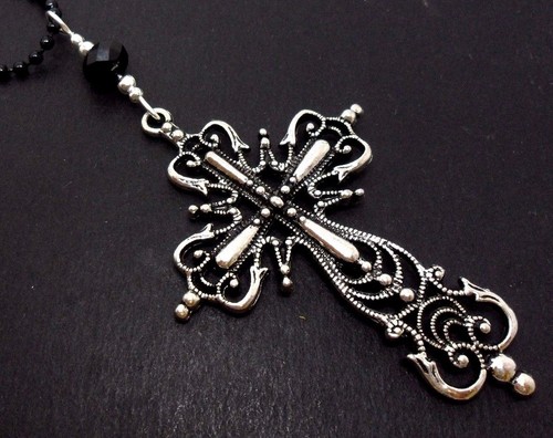 A LARGE MADONNA STYLE CROSS BLACK BALL CHAIN NECKLACE 26/" LONG NEW. GOTH