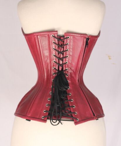 Maroon Real Leather Real Steel Bones Full Bust Lace up Side Zip Corset 2XS~7XL 