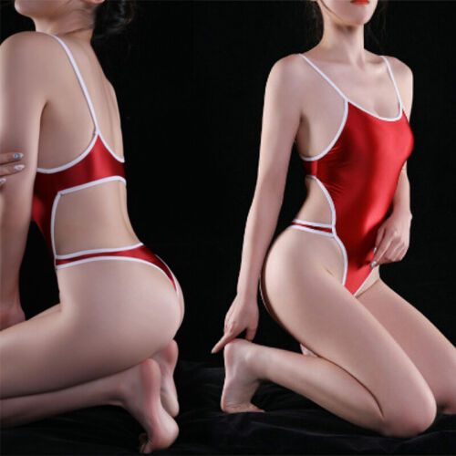 Women See Through onepiece Shiny Swimsuit Swimwear Backless Thong Leotard Bikini 