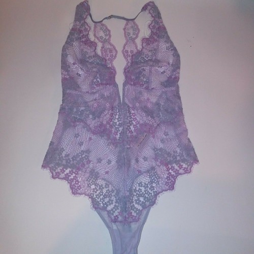 Victoria Secret Lingerie Teddy One Piece Bodysuit Large Purple Floral Lace Snap