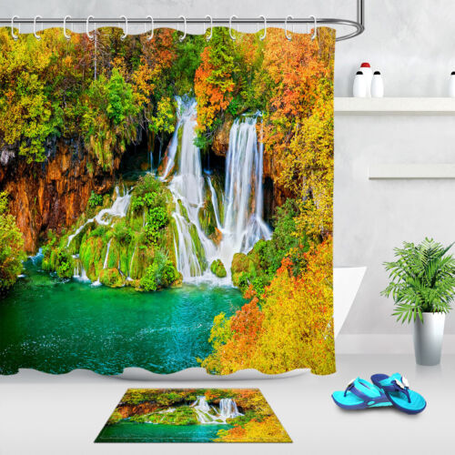 Summer Forest Waterfall Shower Curtain Set Waterproof Fabric Bathroom w/12 Hooks