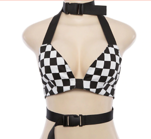 FESTIVAL RAVE HIP HOP CHEQUERED CHECKERED BELTED CROP HALTER TUBE TOP UK SELLER