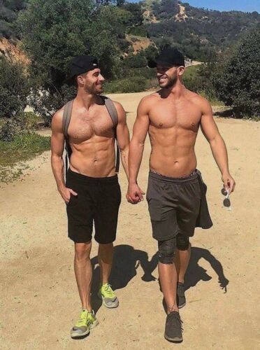 Shirtless Male Athletic Couple Hike Walking Hand Holding Hunks PHOTO 4X6 F1177