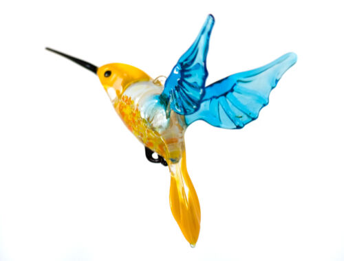 Yellow Blue Hummingbird Figurine Blown Glass "Murano" Art Animal Bird Ornament 