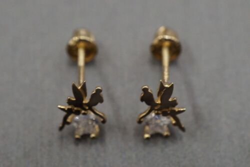 14K Solid Yellow Gold Safety Screw Back Tinkerbell With Cz Earrings.