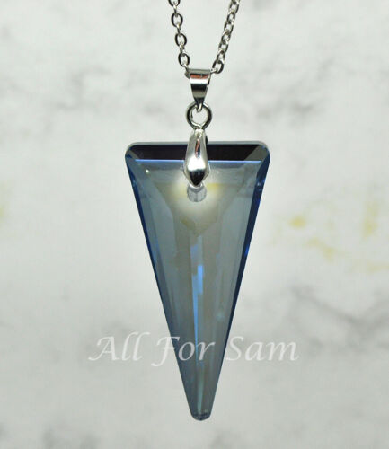 Stormy Sky Blue Austrian Crystal Triangle Pendant Necklace Ladies Gift Reiki 