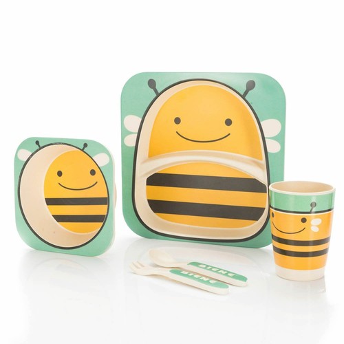 Kids Bamboo dîner petit déjeuner Eco plat set 5 pcs plaque bol mug cuillère fourchette Bee