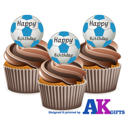 12 Sky Blue Footballs Happy Birthday Edible Cup Cake Toppers Large 5cm Stand Ups 