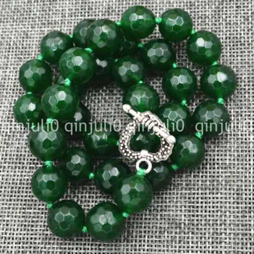 Genuine 12mm Green Emerald Faceted Beads Necklace 18/" Tibetan silver love clasps