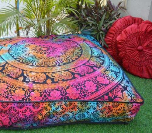 New Indian Multi Elephant Mandala Square Floor Pillow Case Cushion Cover Dog Bed