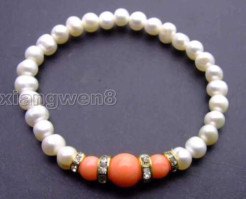 Blanc 6-7 mm Natural Pearl Bracelet pour femmes avec rond rose corail 7.5" b291 