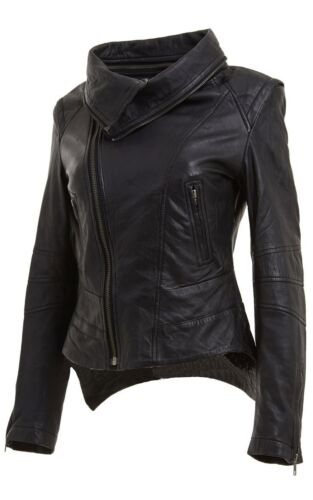 Infinity New Ladies Short Retro Black Removable Collar Leather Biker Jacket 