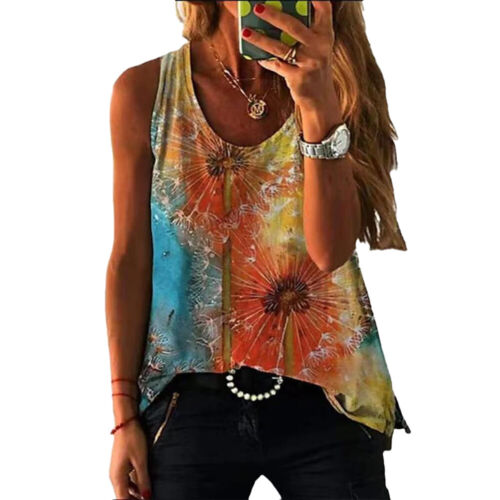 Women Boho Floral Sleeveless Vest Blouse T-shirt Holiday Loose Casual Tank Tops