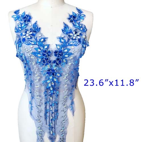 Handmade Royal Blue Rhinestones Lace Applique For Wedding Evening Dress Patch