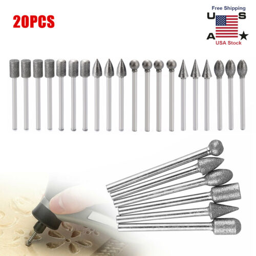 20Pcs Electroplated Diamond Grinding Burr Drill Bits Set For Drill Dremel Rotary 
