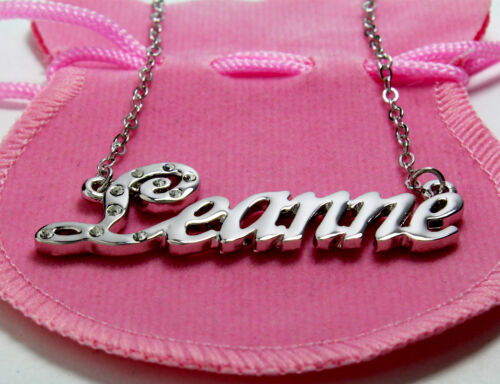 Collar de nombre "Leanne-de 18 quilates chapado Oro Blanco Plateado-Personalizado Navidad Personalizado 