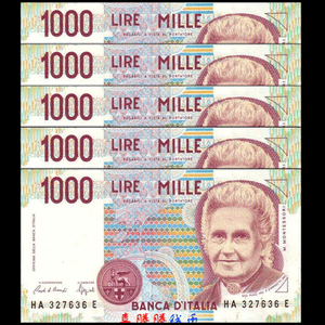 Lot 5 PCS UNC Italy 1000 1,000 Lire 1990 P-114
