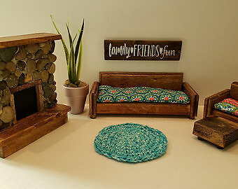 Miniature Stone Dollhouse Fireplace with Natural Wood Mantle Barbie Size 1:6