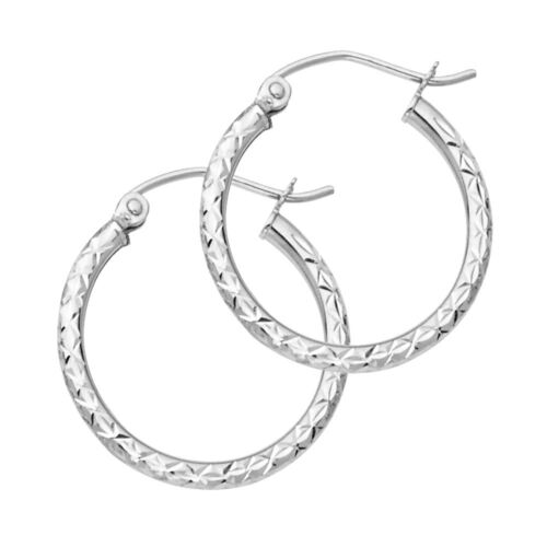 Authentic Real 14K White Gold Diamond Cut Plain Hoop Earrings 2.0 MM Thickness