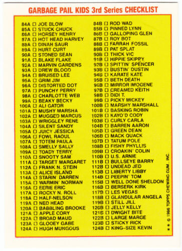 WRAPPER 1986 GARBAGE PAIL KIDS 3rd SERIES 3 COMPLETE 88-CARD SET 84AB-124AB