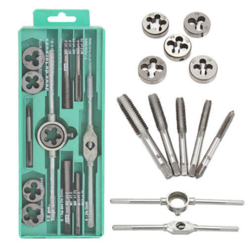 12Pcs Metric Tap and Die Set Alloy Screw Screwdriver Thread Wrench Hand Tool Kit 