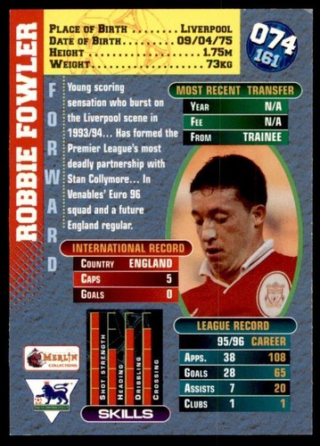Liverpool Robbie Fowler #74 Merlin Premier Dorado 1996-1997