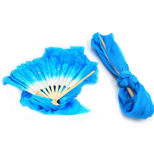 1.8m Belly Dancing Silk Fan Chinese Handmade Bamboo Veils Dance Long Fans Blue
