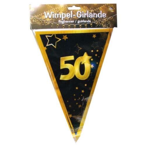 10 m Wimpel-Girlande /"50/" Geburtstag Wimpelkette schwarz//gold Party Deko #3086