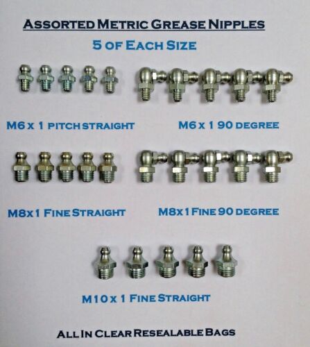 Assorted M8 //8mm Metric Grease Nipples M6X1 M8X1 M10X1 fine 5 of each 25PCE