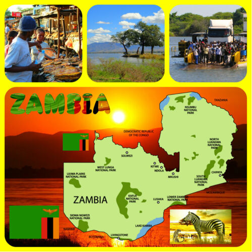 GIFTS SOUVENIR NOVELTY BIG SQUARE FRIDGE MAGNET FLAG SIGHTS ZAMBIA MAP 